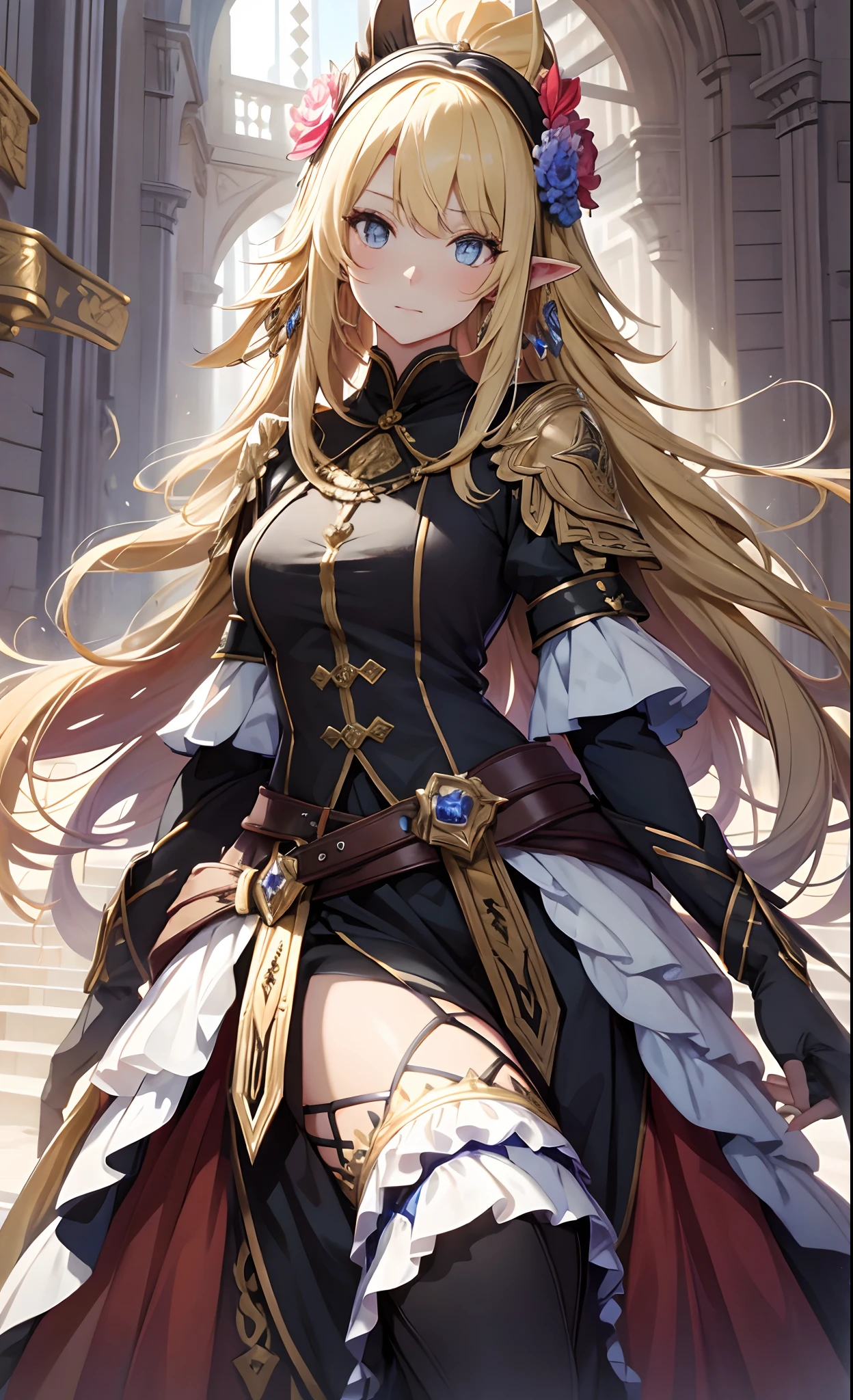best qualityer,tmasterpiece,Ultimate resolution,downy,Extremely colorful,Colorful,western regions,long ears, Dancer,blond hairbl,dress costumes,flowers in hair, veils,Normal posture