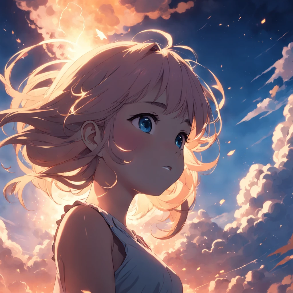 masterpiece, best quality, movie still, 1girl, cloud girl, floating in the sky, close-up, bright, happy, warm soft lighting, sunset, (sparks:0.7)