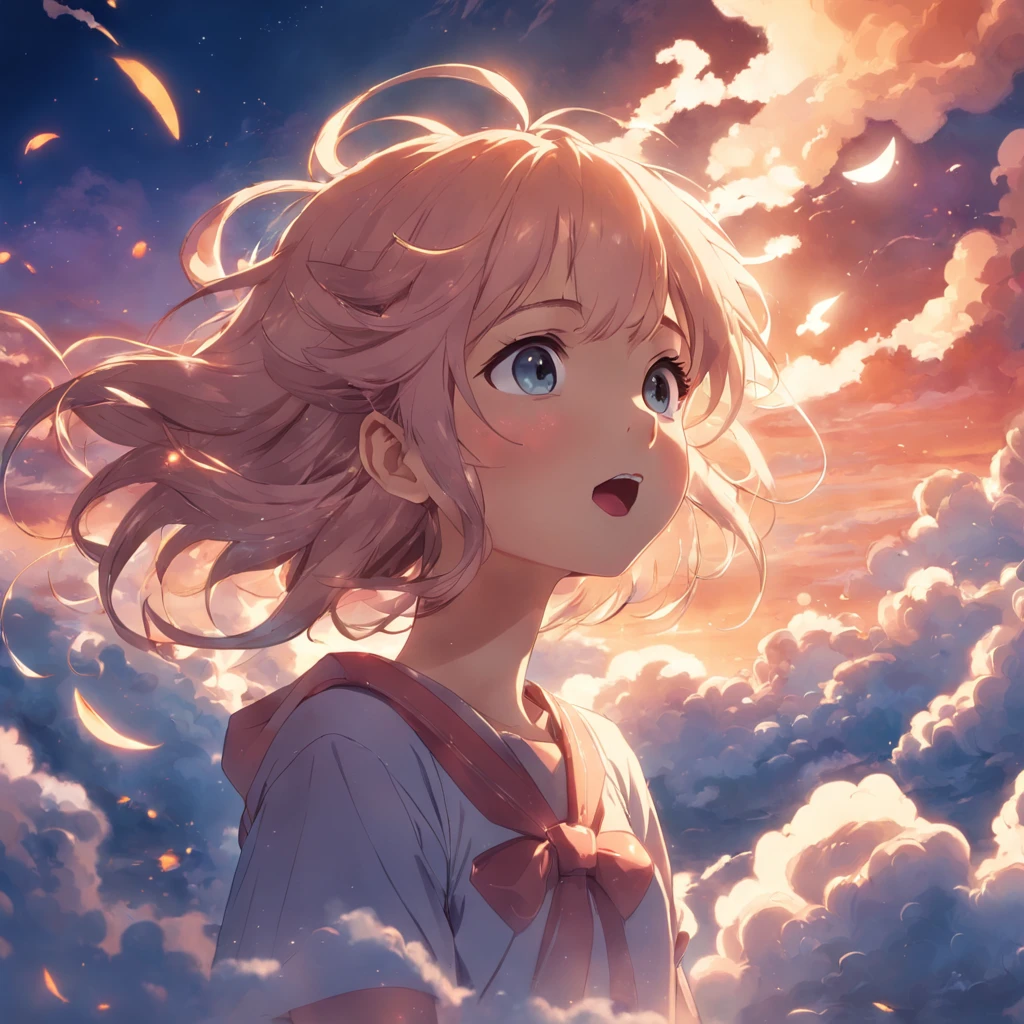 masterpiece, best quality, movie still, 1girl, cloud girl, floating in the sky, close-up, bright, happy, warm soft lighting, sunset, (sparks:0.7)