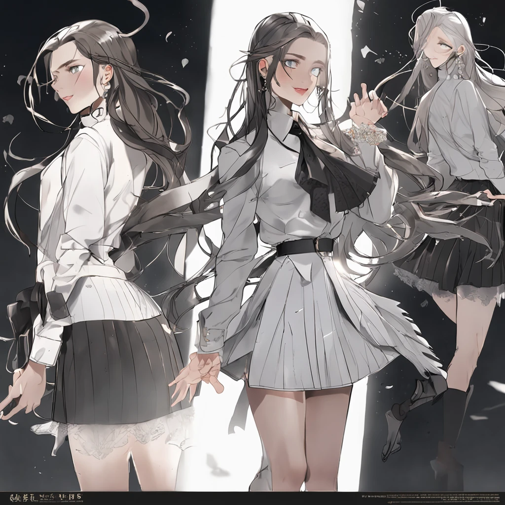 best quality,suit,超High Definition,(actual:1.4),RAW photo,cold light,1girll,(Full body shot, see-through), Beautiful face,(Slender), smile, cabelos preto e longos,hair jewelry,(Slim legs,crossed legs),(White collar,black pleated skirt),25 generations of beauties,beautiful goddess,Detailed scenes, like pictures drawing, Detailed Scenes, beautiful digital illustrations, ( (From below)), detailed, extremely detailed, cinematic quality, (Beauty and Aesthetics)