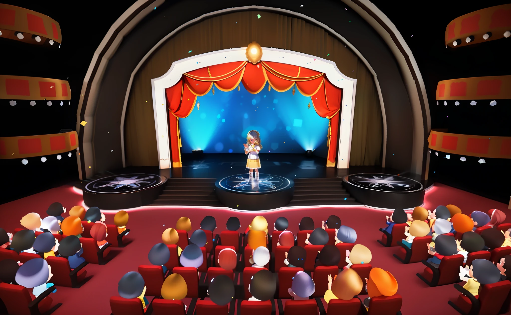 Delicate face of girl on stage，The expression is beautiful and cute,3D Pixar animation style，tmasterpiece， best qualityer, ultra - detailed, Lori blonde girl, Long dress with a big smile, full bodyesbian,  moderno, Modern accessories,Scene from a large-scale award ceremony，The auditorium is full，With his back to the camera，cheer，inside in room，high light，ssee-through，A crowd of spectators sat in their seats，Face away from the camera，  Beautiful lighting and ambient light，Pastel tonal background , Extremely colorful， 3D Q style，tchibi，A cinematic scene，Super details romantic soft focus and ethereal light，The sun shines on it，A cinematic scene，Full body 2D artwork，blur backgroun，romantic soft focus and ethereal light，The sun shines on it，A cinematic scene，super detailing，pix： 2 style，Pope Martin，movie light effect，brightly，OC renderer，C4D，3D，blender，8K，4K，Warm colors --NIJI 5 -- --q 2，