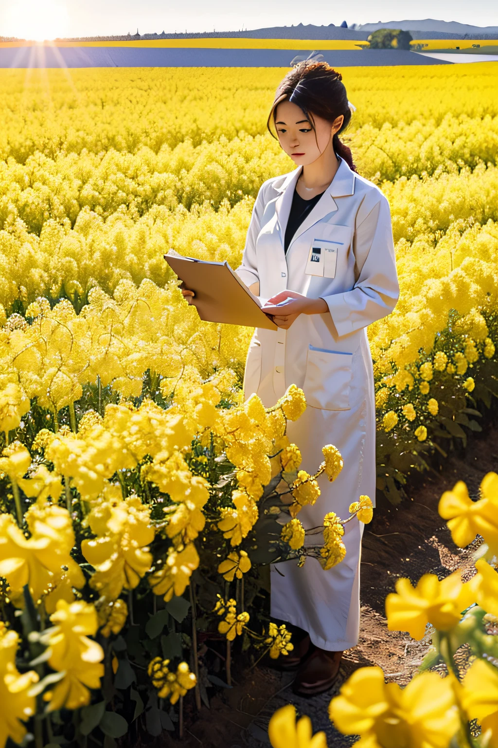 Oil painting of a rude agricultural researcher working in his field,magnifica,warm sunlight,vibrant with colors,Canola flower field,Tano,White research garment