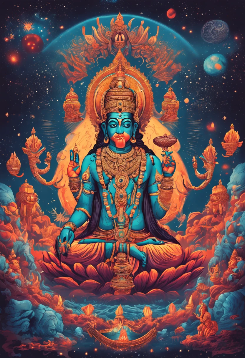 creater of creator of universe , god , in space , bigger then universe, Universes around him , in his hand , crown, Garland , god vishnu , indian art , skin color blue ,lying down