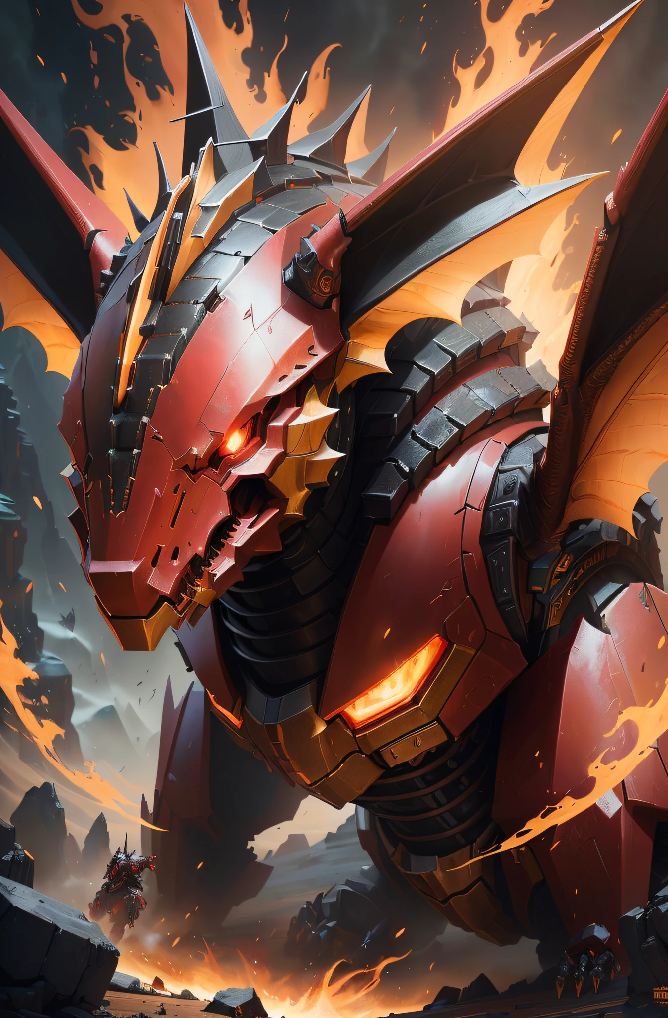there is a red and black dragon with flames coming out of it, cyborg dragon portrait, colossal dragon as background, sleek mecha female dragon head, official splash art, colossal dragon in background, hearthstone art, hearthstone card game artwork. ”, robot mecha female dragon head, hearthstone official splash art, well armored mech dragon, hearthstone card art, by Lisa Nankivil