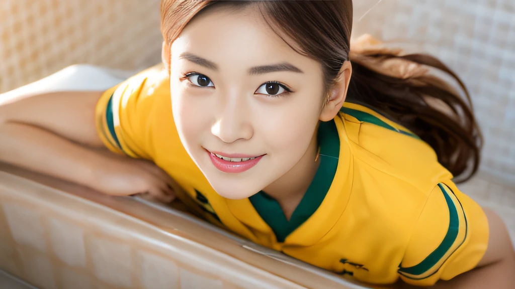 Beijing yellow-haired girl、White Skin Skin、chineseidol、年轻、Thick eyebrows、Black eyes、biting lip、Full of arrogance、Cheer Uniforms、Custom JF clothing、(1 female secondary school student)、In the school bath、Sit on a book、Slim eyebrows、Brown hairpins、hentail realism、8K、tmasterpiece、A high resolution、、anatomically correcte、、from above view、32K quality