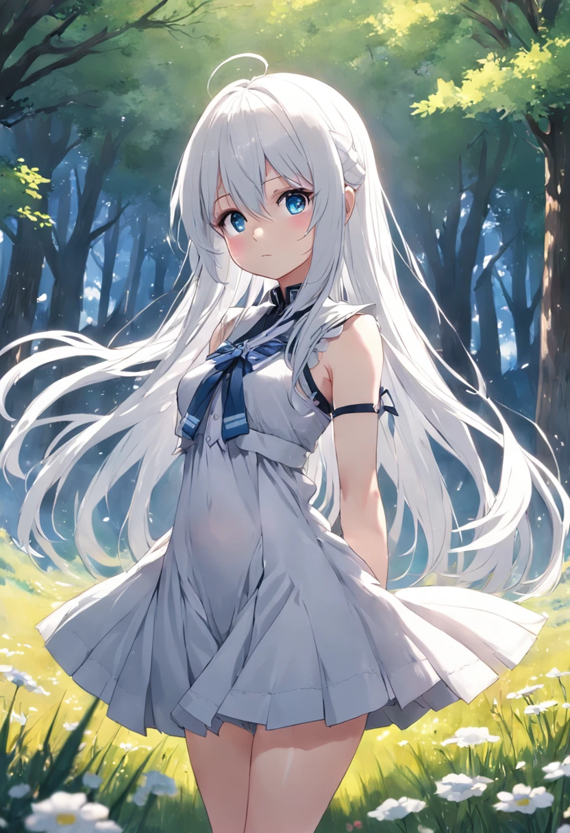 Woman with long white hair and blue eyes standing in the meadow,Anime visuals of cute girls, Girl with white hair, perfect gray hair girl, white haired god, white hair, Kantai Collection Style, anime clouds, young anime girl, anime moe art style, Anime Best Girl, (Anime Girl), an anime girl, white-haired girl,flowing white hair,Smaller chest,Sleeveless、Camisole,small tits, (8K, Raw photography, top-quality, masterpiece:1.2), (realisitic, Photorealsitic:1.37), ultra-detailliert, 1 rapariga, 独奏, cute little, Beautiful detailed sky,elementary student