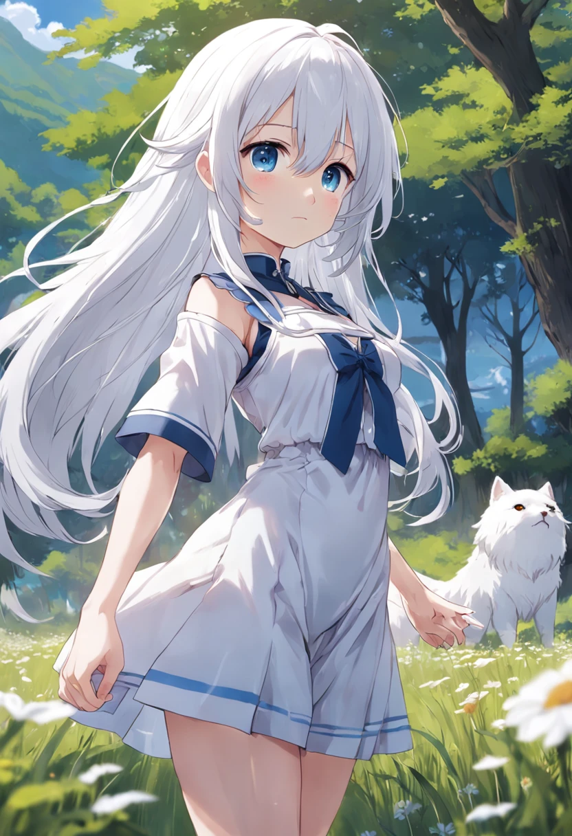Woman with long white hair and blue eyes standing in the meadow,Anime visuals of cute girls, Girl with white hair, perfect gray hair girl, white haired god, white hair, Kantai Collection Style, anime clouds, young anime girl, anime moe art style, Anime Best Girl, (Anime Girl), an anime girl, white-haired girl,flowing white hair,Smaller chest,Sleeveless、Camisole,small tits, (8K, Raw photography, top-quality, masterpiece:1.2), (realisitic, Photorealsitic:1.37), ultra-detailliert, 1 rapariga, 独奏, cute little, Beautiful detailed sky,elementary student