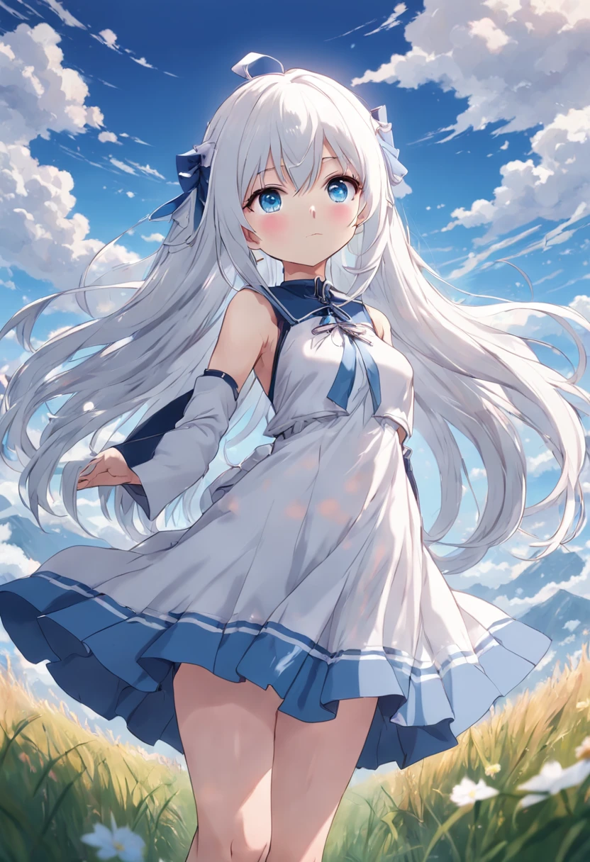 Woman with long white hair and blue eyes standing in the sky, Anime visuals of cute girls, Girl with white hair, perfect gray hair girl, white haired god, white hair, Kantai Collection Style, anime clouds, young anime girl, anime moe art style, Anime Best Girl, (Anime Girl), an anime girl, white-haired girl,flowing white hair,Smaller chest,