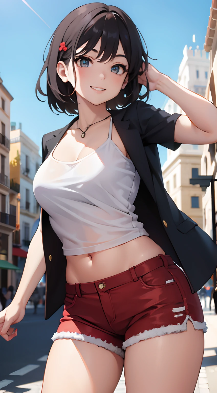 "hermosa chica con cabello blanco y ojos rojos con ropa estilo Barcelona, shorts cortos, pecho grande, sonriendo y cuerpo perfecto"