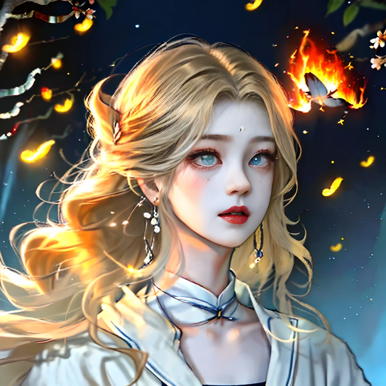 quadratic element,The girl's hair is blonde wavy,The whiteness of the skin is different from that of ordinary people。The face is cold and arrogant。The eyes are narrow fox eyes。Thousands of fireflies flew out of her palm,A small koi flew overhead。