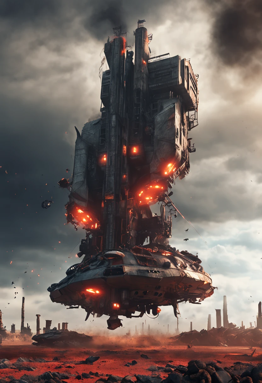 A wasteland-style spaceship, exploding in the air, with black smoke coming out of its engines, surrounded by a bunch of small red wasteland-style flying machines, with an abandoned ancient city in the background, towering industrial towers and a bit of wilted vegetation, storm-swept, fog-lit, low-saturation, cinema-shot,Unreal Engine，trending on artstation
