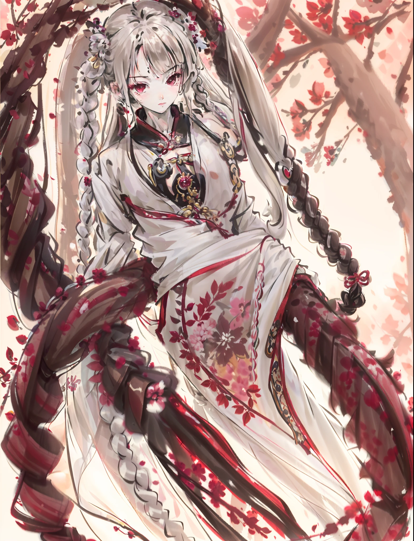 Boy student,shoun,Long white hair that drapes down,There is a braid tied on the left,A braid braided from the shoulders,The base color of the clothes is white,There are black ink branches,Red plum blossoms blooming on tree branches,chest muscle,Muscle men,big breasts exposed cleavage,Abdominal hair