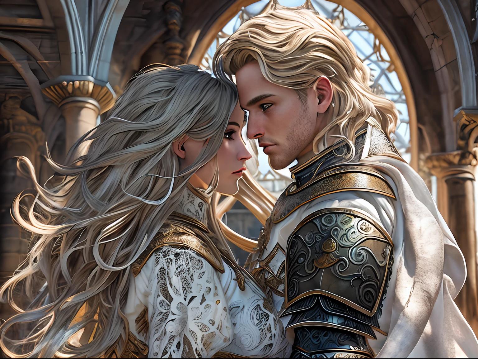 arafed, high details, best quality, 8k, [ultra detailed], masterpiece, best quality, (extremely detailed), dynamic angle, ultra wide shot, RAW, photorealistic, a wide angle picture of a wedding between a knight and her prince in medieval castle, a female human knight, pic beautiful human woman (best details, Masterpiece, best quality), ultra detailed face (best details, Masterpiece, best quality), blond hair, long hair, wavy hair, green eyes, wearing heavy armor, white armor, intricate details armor (best details, Masterpiece, best quality), white metallic armor, armor shines BREAK, and a human male prince, beautiful human man (best details, Masterpiece, best quality), ultra detailed face (best details, Masterpiece, best quality), black hair, short hair, blue eyes, wearing, medieval style clothes (best details, Masterpiece, best quality), noble clothes, fantasy castle background, Ultra-Wide Angle, high detail, award winning, best quality, HD, 16K, 3D rendering, high details, best quality, highres, ultra wide angle, 3D rendering, [[anatomically correct]]