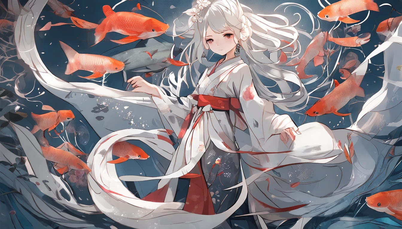 Traditional chinese painting, lotuses, Hanfu, maxiskit, dress conservatively 1 girl, 独奏, whaite hair, long whitr hair, fox ear, white colors, The fish, Many fish are close to the girl, looking at viewert, Titillating，rays of moonlight，starrysky