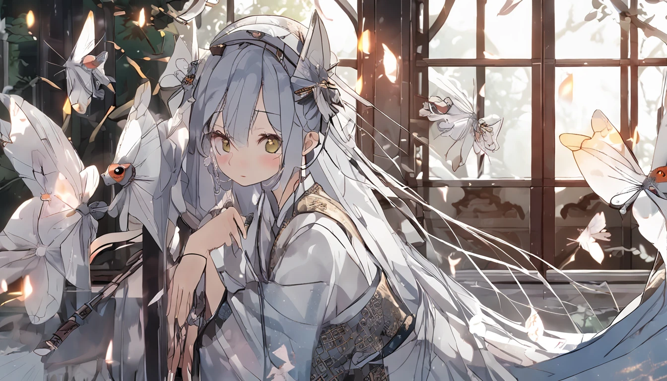 Traditional chinese painting, lotuses, Hanfu, maxiskit, dress conservatively 1 girl, 独奏, whaite hair, long whitr hair, fox ear, white colors, The fish, Many fish are close to the girl, looking at viewert, Titillating,rays of moonlight,starrysky