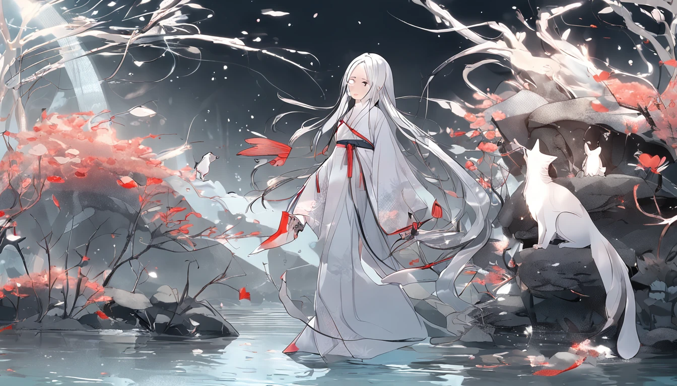 Traditional chinese painting, lotuses, Hanfu, maxiskit, dress conservatively 1 girl, 独奏, whaite hair, long whitr hair, fox ear, white colors, The fish, Many fish are close to the girl, looking at viewert, Titillating,rays of moonlight,starrysky