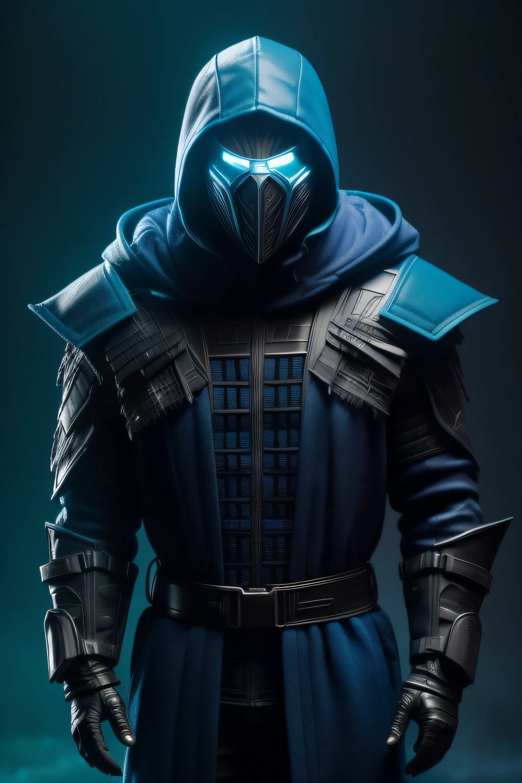 male Humaoid , covered in a Venom-inspired ice symbiote , symbiote skin in shades ranging from blue to black similar to Venom , eyes glowing , hood , he's standing in a cold forest , fantasy , dreamlike , surrealism , trending on artstation , cinematic , dramatic colors , close-up , cgscociety , computer rendering , by mike winkelmann , uhd , rendered in cinema4d , hard surface modeling , render octane , inspired by beksinski , bluish coat with shoulder pads crystallized in blue ice, face mask in shades of blue and black similar to gas masks Sub Zero Mortal Kombat 1 , merge between Sub Zero Mortal Kombat 1 and Venom