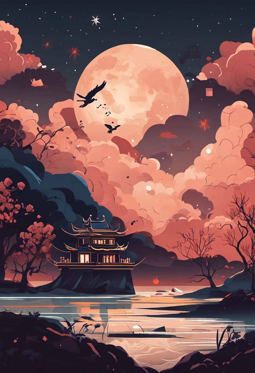 Like a lantern on the moon,Dark tones,Auspicious clouds,Warm