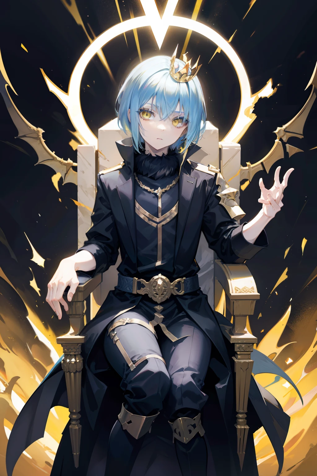 short hair, yellow dragon eyes, light blue hair, bangs cover 1 eye, wearing a broken golden crown, 4k, detailed, dark theme palette, throne room background sitting on throne