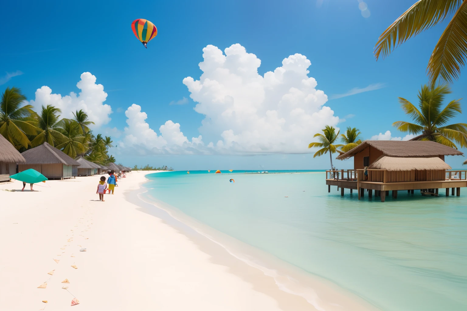 Year: 2012
Country: Kiribati
Description: At a seaside park in South Tarawa, families participate in a quirky kite-flying festival. Colorful kites of varying shapes and sizes fill the sky, against a backdrop of pastel-colored huts and swaying palm trees.