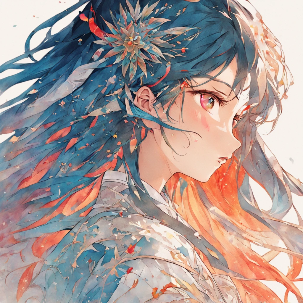 (White background:1.4),(Silhouette of a girl's head, Eyes closed, colorfull long hair, Oriental elements),(Chinese illustration:1.3,paper art:1.3, Quilted paper art:1.2),( reasonable design, Clear lines, High sharpness,Best quality, Very detailed, Masterpiece, movie light effect, 4K )
