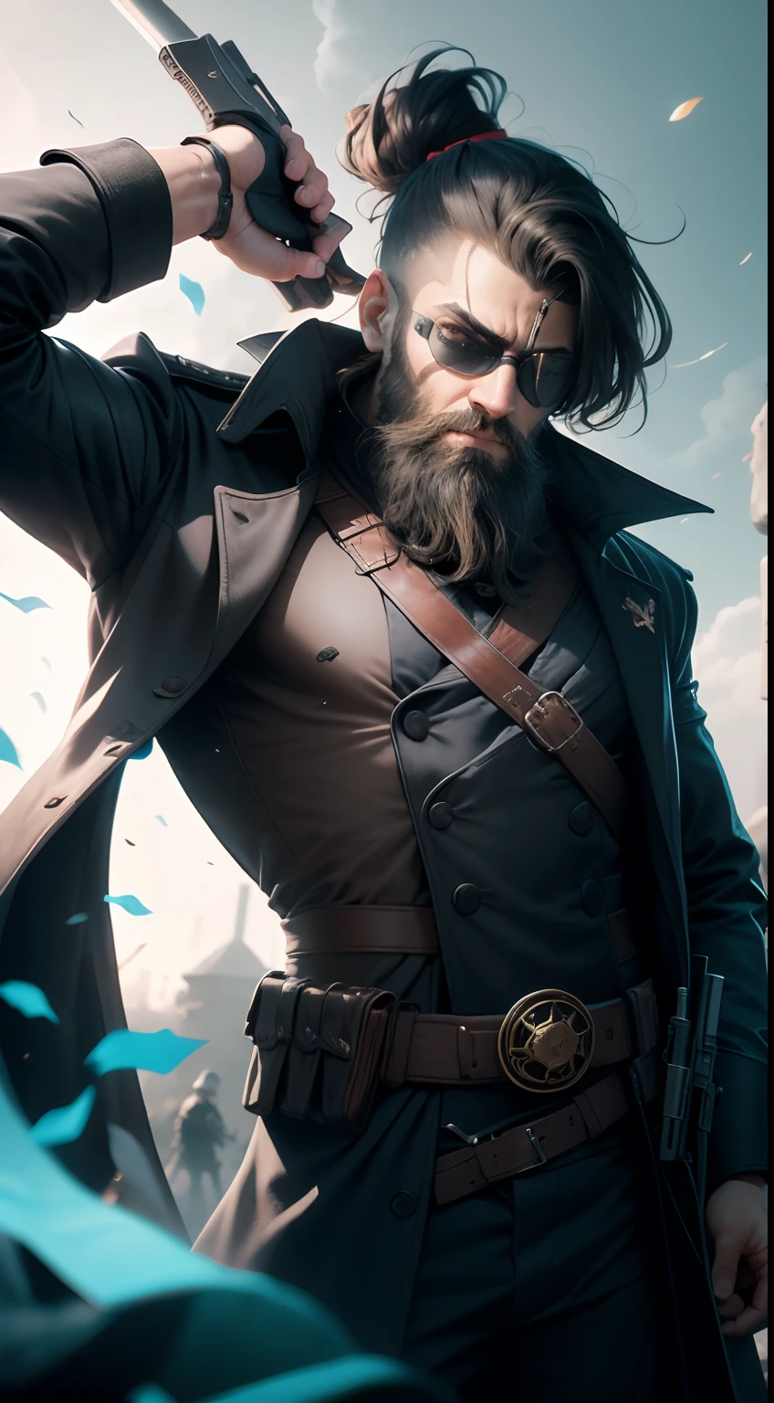 An adult male revolutionary leader，Wearing an eye patch on the left eye, Wears a long black coat, With a beard, Carry a firearm, There will be an army behind him, Charismatic, Powerful and very dangerous