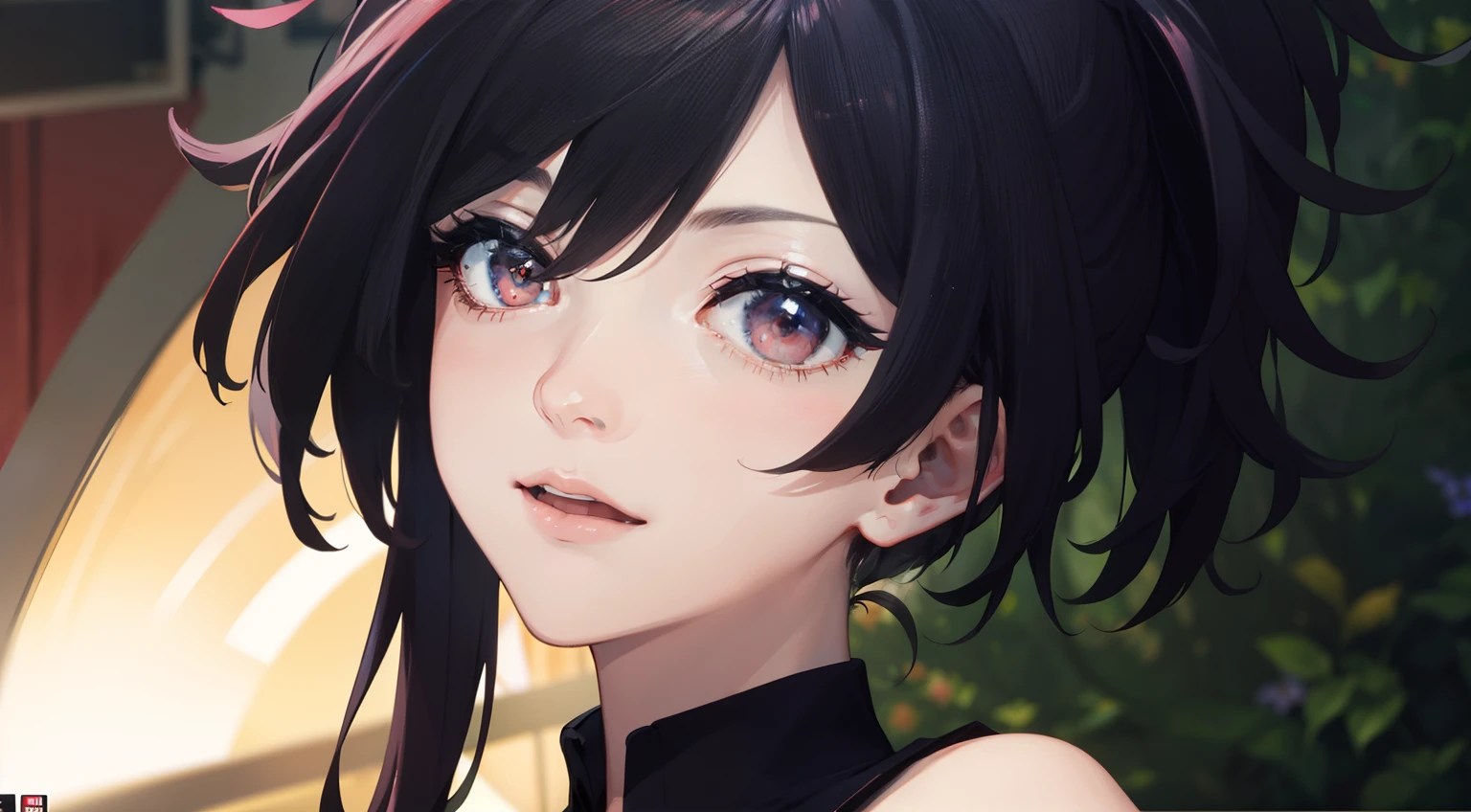 (4K, Best picture quality, A high resolution:1.1), (Masterpiece:1.1),On the TV screen,Concert scene,The lighting is perfect,Kizi,Black color hair,horse tailed,Sing,Black top,black short skirt,details on facial expressions,vivaciousness,ssmile,self-assured,