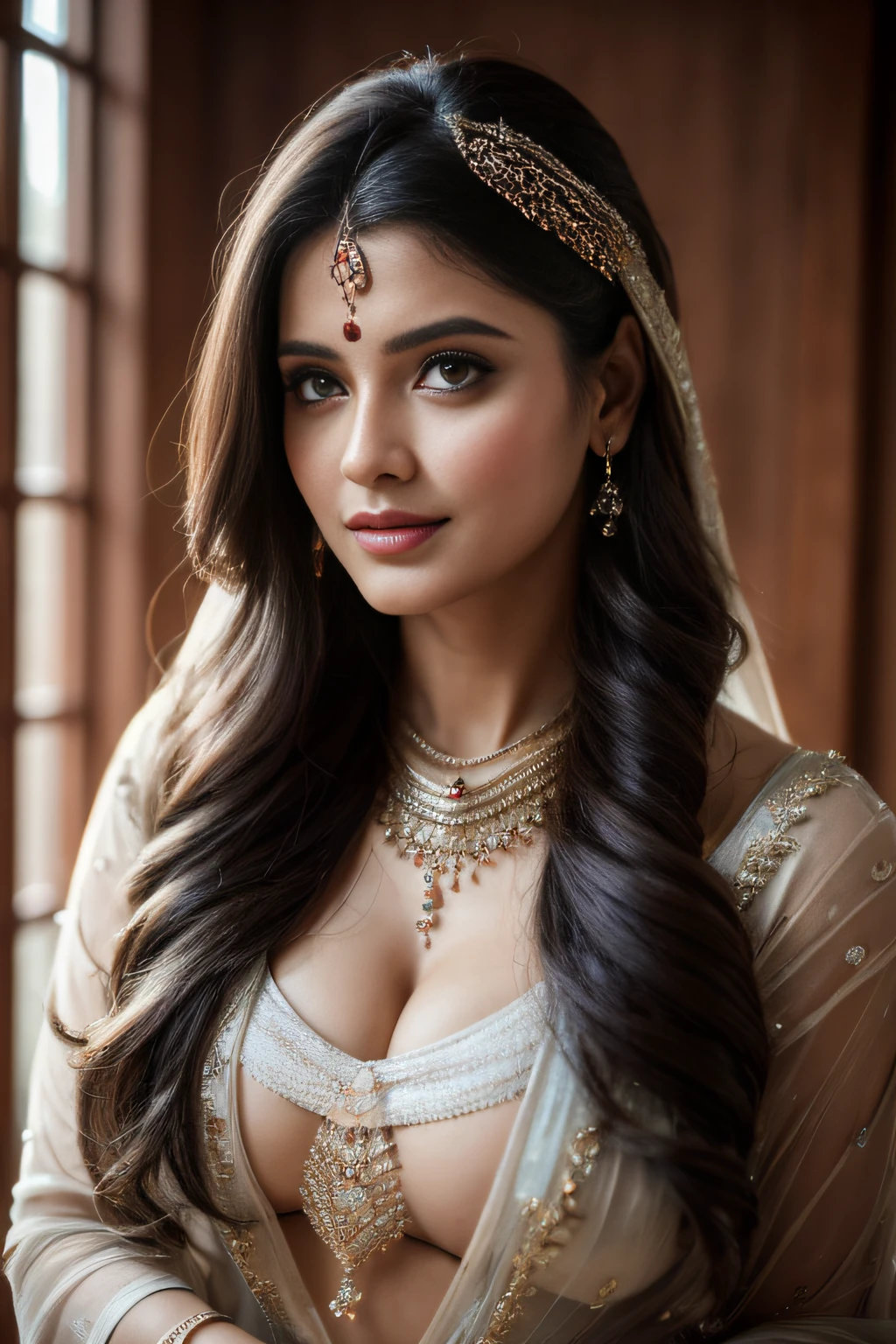 Portrait of A confident-looking Indian woman with flowing long and thick hair, hazel eyes, seethrough silk saree, a smile on the face, royal and lusty look, red bindi, sitting outside village cottage, c-cup breast, perfect composition, hyperrealistic, super detailed, 8k, high quality, trending art, trending on artstation, sharp focus, nude photo, intricate details, highly detailed, art by Greg Rutkowski