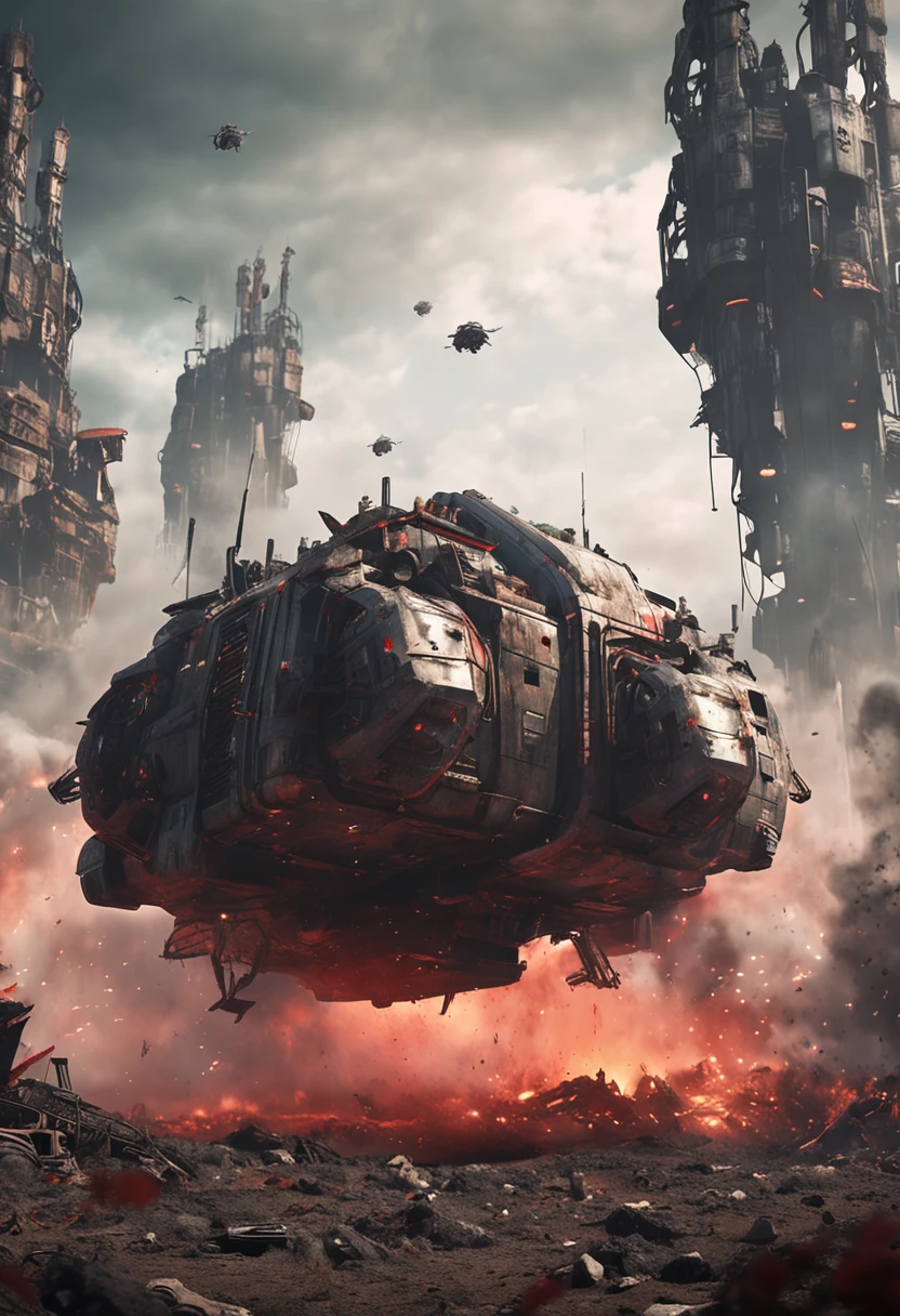 A wasteland-style spaceship, exploding in the air, with black smoke coming out of its engines, surrounded by a bunch of small red wasteland-style flying machines, with an abandoned ancient city in the background, towering industrial towers and a bit of wilted vegetation, storm-swept, fog-lit, low-saturation, cinema-shot,Unreal Engine,trending on artstation