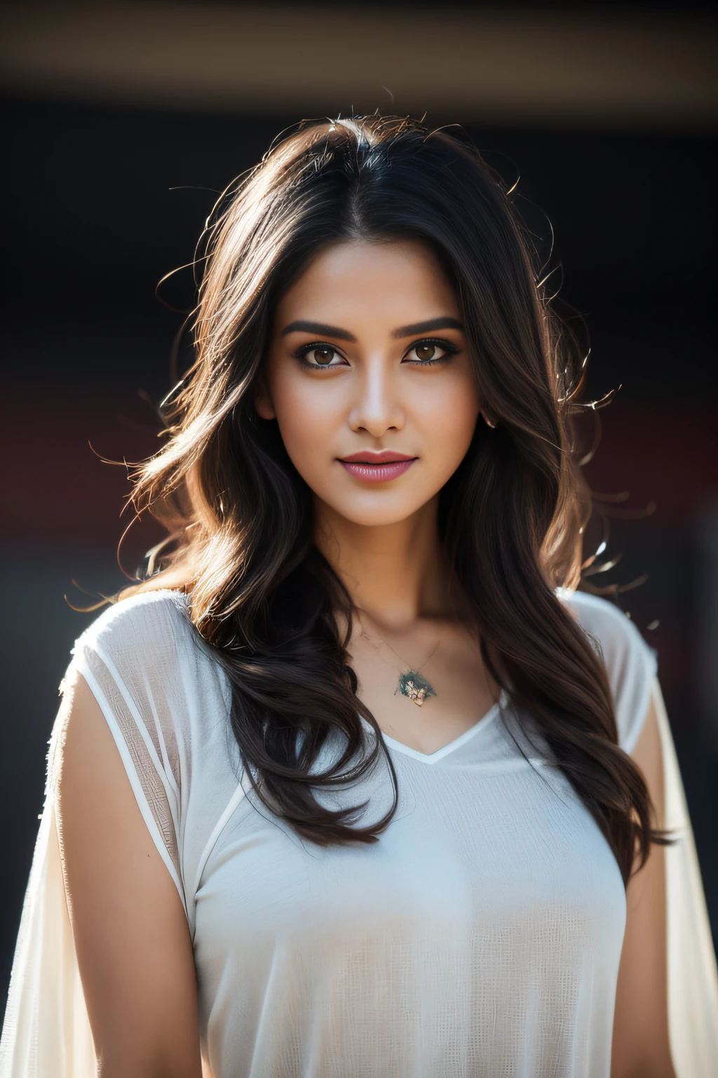 Portrait of A confident-looking Indian woman with flowing long and thick hair, hazel eyes, team India cricket tshirt, a smile on the face, royal and lusty look, red bindi, standing in cricket stadium, c-cup breast, perfect composition, hyperrealistic, super detailed, 8k, high quality, trending art, trending on artstation, sharp focus, photo, intricate details, highly detailed, art by Greg Rutkowski