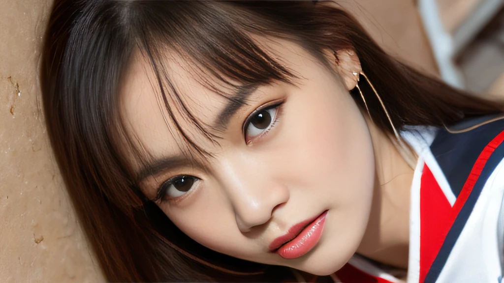 Beijing yellow-haired girl、White Skin Skin、chineseidol、年轻、Thick eyebrows、Black eyes、biting lip、Full of arrogance、Cheer Uniforms、Custom JF clothing、（1 female secondary school student）、In the school bath、Sit on a book、Slim eyebrows、Brown hairpins、hentail realism、8K、tmasterpiece、A high resolution、、anatomically correcte、、from above view、32K quality