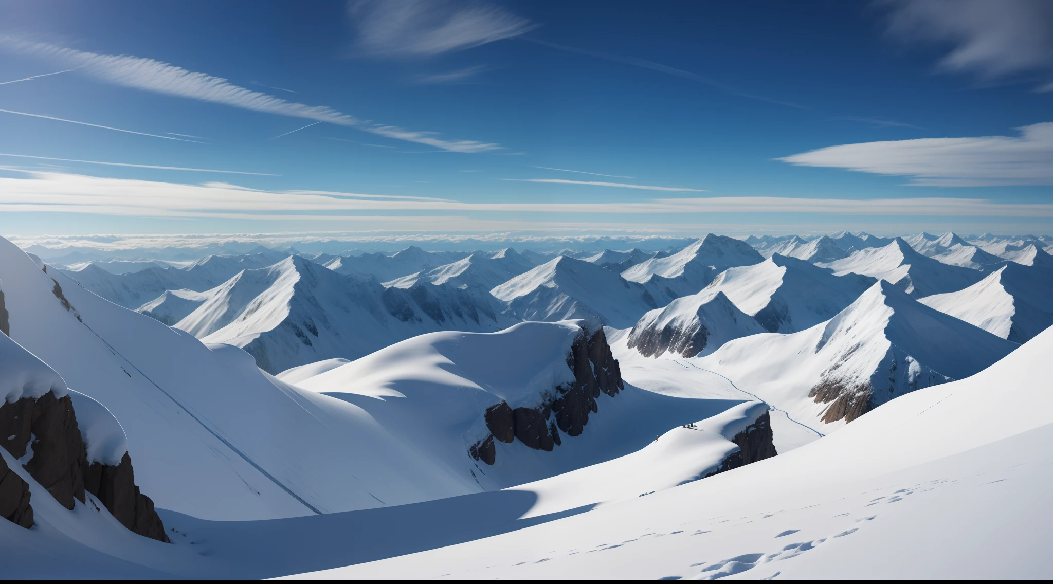 There is a snow mountain under the blue sky, clouds, photography, realistic, epic, shocking, panorama, atmospheric perspective, UHD, high details, best quality --q 2 --ar 16:9 --s 750 --v 5