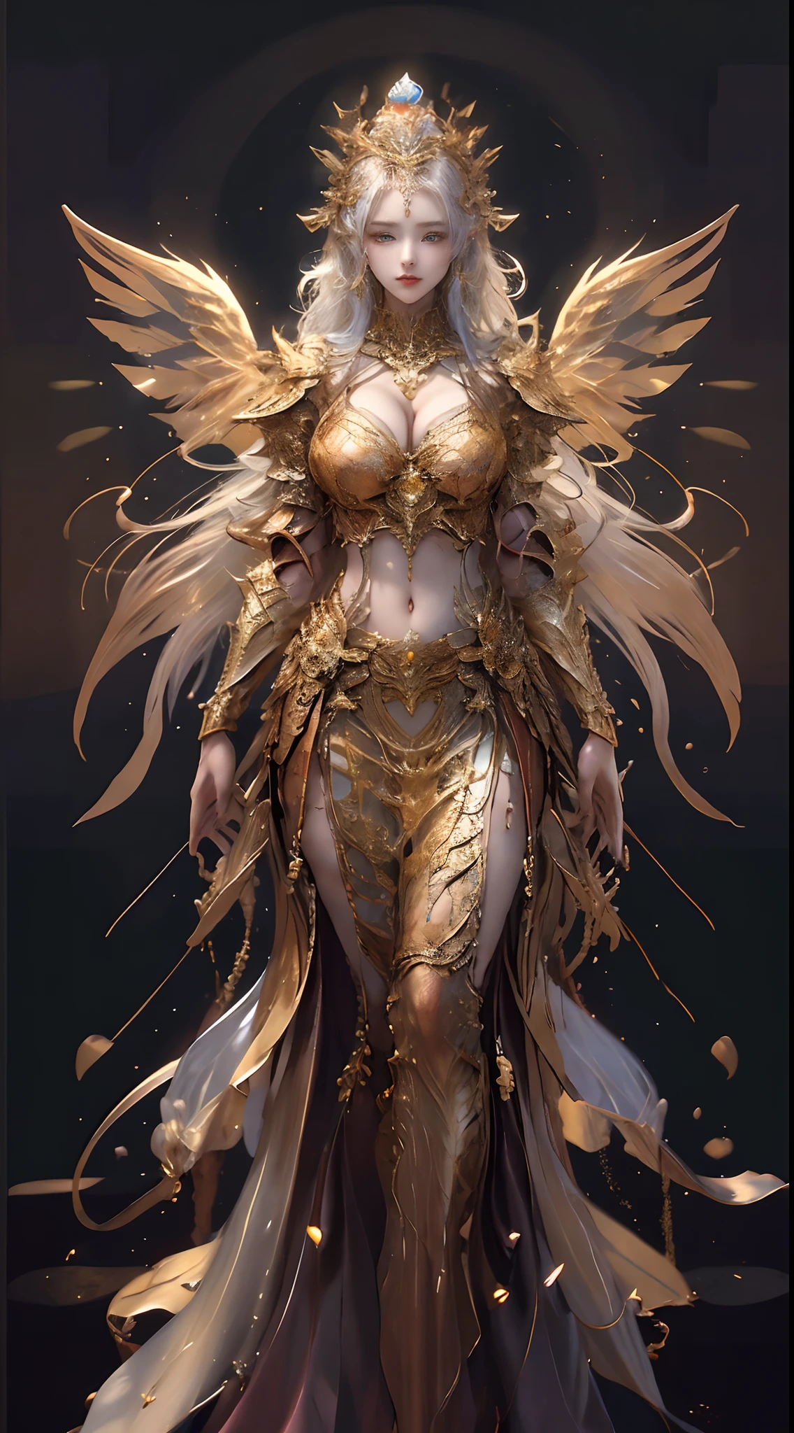 Woman in a golden transparent dress,view the viewer,(((Huge breasts, Large cleavage))),((Symmetrical face))),Slim waist,(navel baring,Bare waist), Long hair, Ultra-detailed details,High-end Zhenyi station, Rainstorm site, detailed fantasy art, Stunning character art, Beautiful and exquisite character art, (Beautiful golden armor), Extremely detailed, Girl in shiny armor, Exquisite tiaras and jewelry,Crystal jewelry filigree, milky ways, Stunning visuals, (dynamic streaks, light tracks:1.2), Vibrant colors,Two large wings