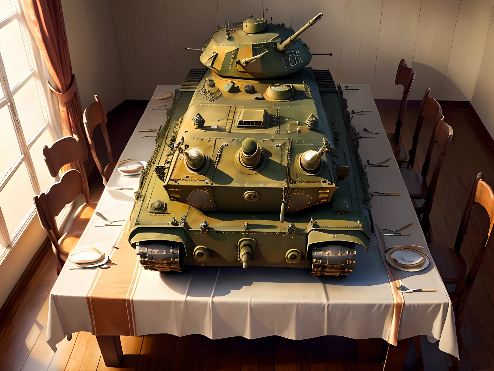 a (bronzecd) tank, toy model, (solo:1.2), <lora:bronzecd-000009:0.8>, no humans, high quality, masterpiece, realistic, photorealistic, (indoors, on table:1.2)