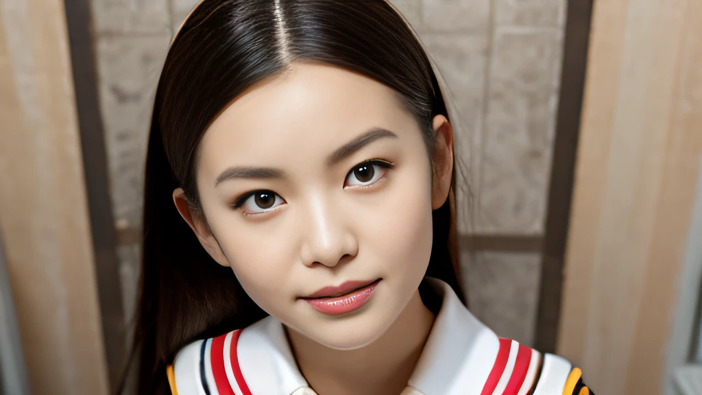 Beijing yellow-haired girl、White Skin Skin、chineseidol、年轻、Thick eyebrows、Black eyes、biting lip、Full of arrogance、Cheer Uniforms、Custom JF clothing、(1 female secondary school student)、In the school bath、Sit on a book、Slim eyebrows、Brown hairpins、hentail realism、8K、tmasterpiece、A high resolution、、anatomically correcte、、from above view、32K quality