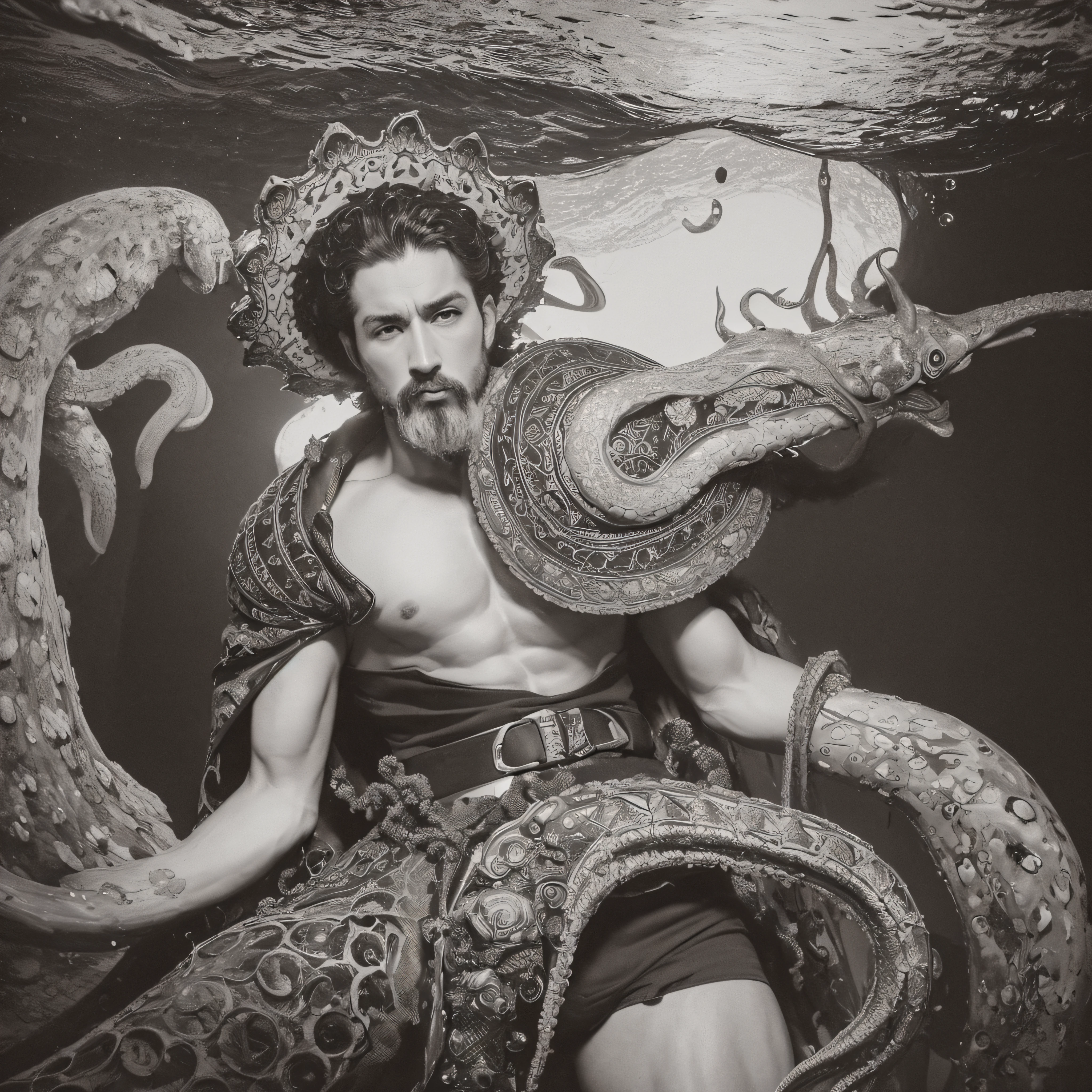(extremadamente detallado, obra maestra, La mejor calidad, Under the Ocean), Estilo oscuro, volumetric illumination. armadura medieval, rostro con arrugas, lengua larga, tentacle, deforme, imagen submarina vista desde el exterior, pico de pulpo amenazante. manchas de tinta. Rococo composition. Luz de caravaggio