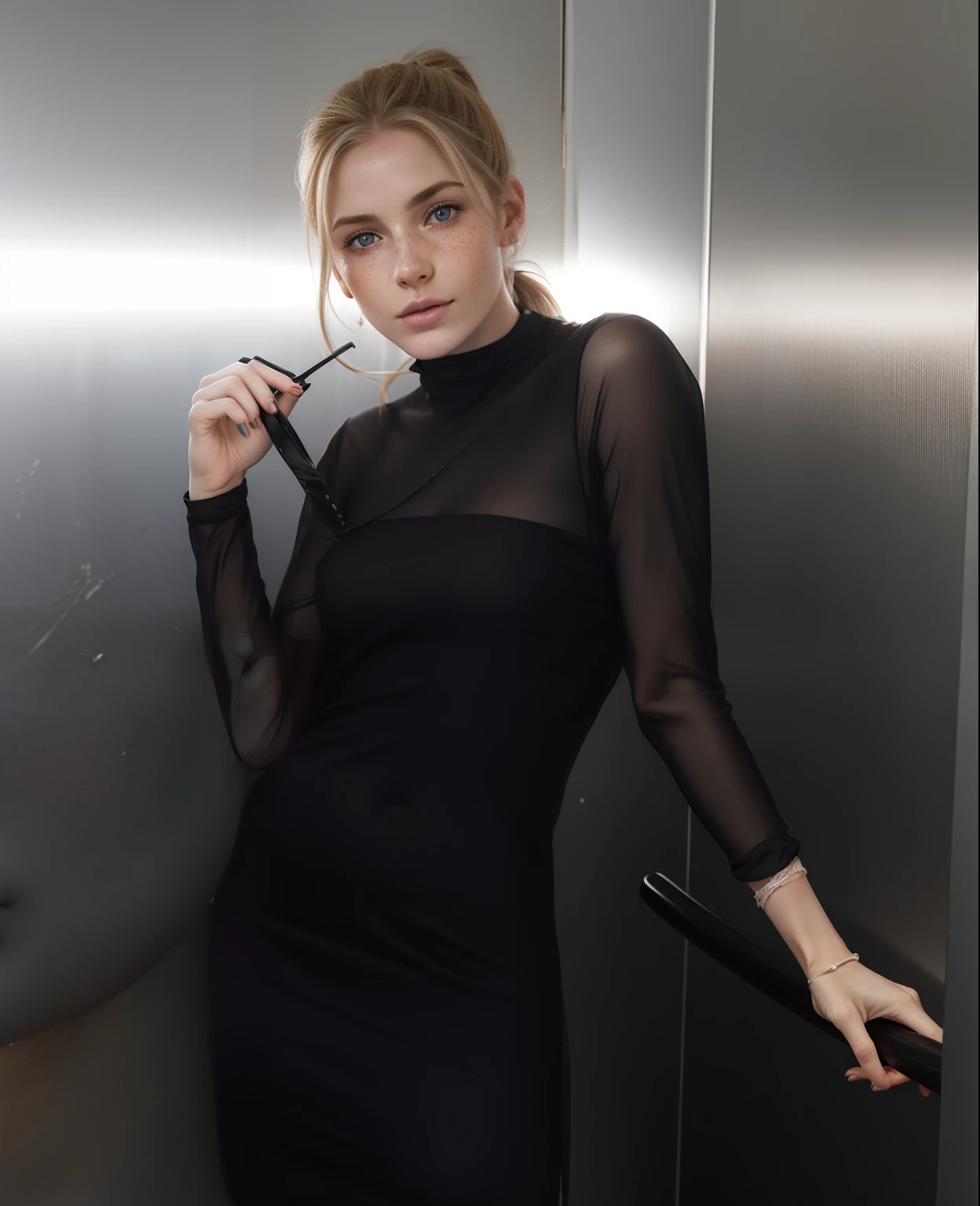 Rosto de uma mulher, americana, 30 anos, pale skin and freckles, olhos cinzas, nariz delicado, soft and delicate lips, cabelo blondie cinza ponytail, ultrarrealista HD altamente renderizado fotorrealista