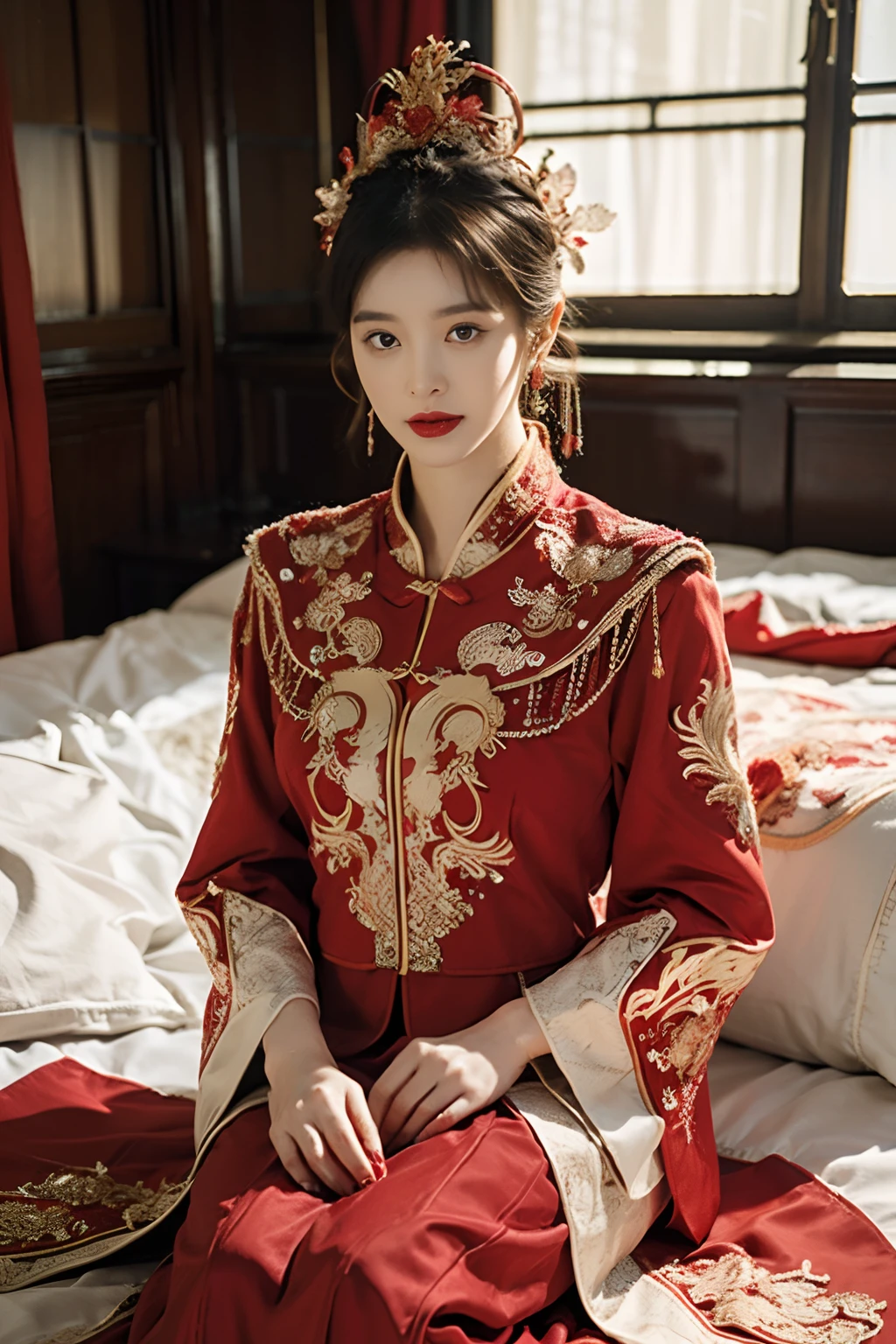 (ultra realistic 8k CG:1.2),perfect artwork,delicate pattern,intricate detail, (unparalleled masterpiece,best quality:1.2),(extremely intricate:1.2),a woman in a red and gold dress, Phoenix crown,hair stick,(sitting on red bed),Cosmetic,blush,shy,black_hair, looking down, Cosmetic,(forehead dot),(2 red candles), chinese_clothes, curtains, earrings, hair_ornament, hanfu, indoors, jewelry, red nails, long_sleeves, red dress, red lips, tassel, (Red quilt),(red palace:1.2),(ancient Chinese architecture),(red:1.8),night
