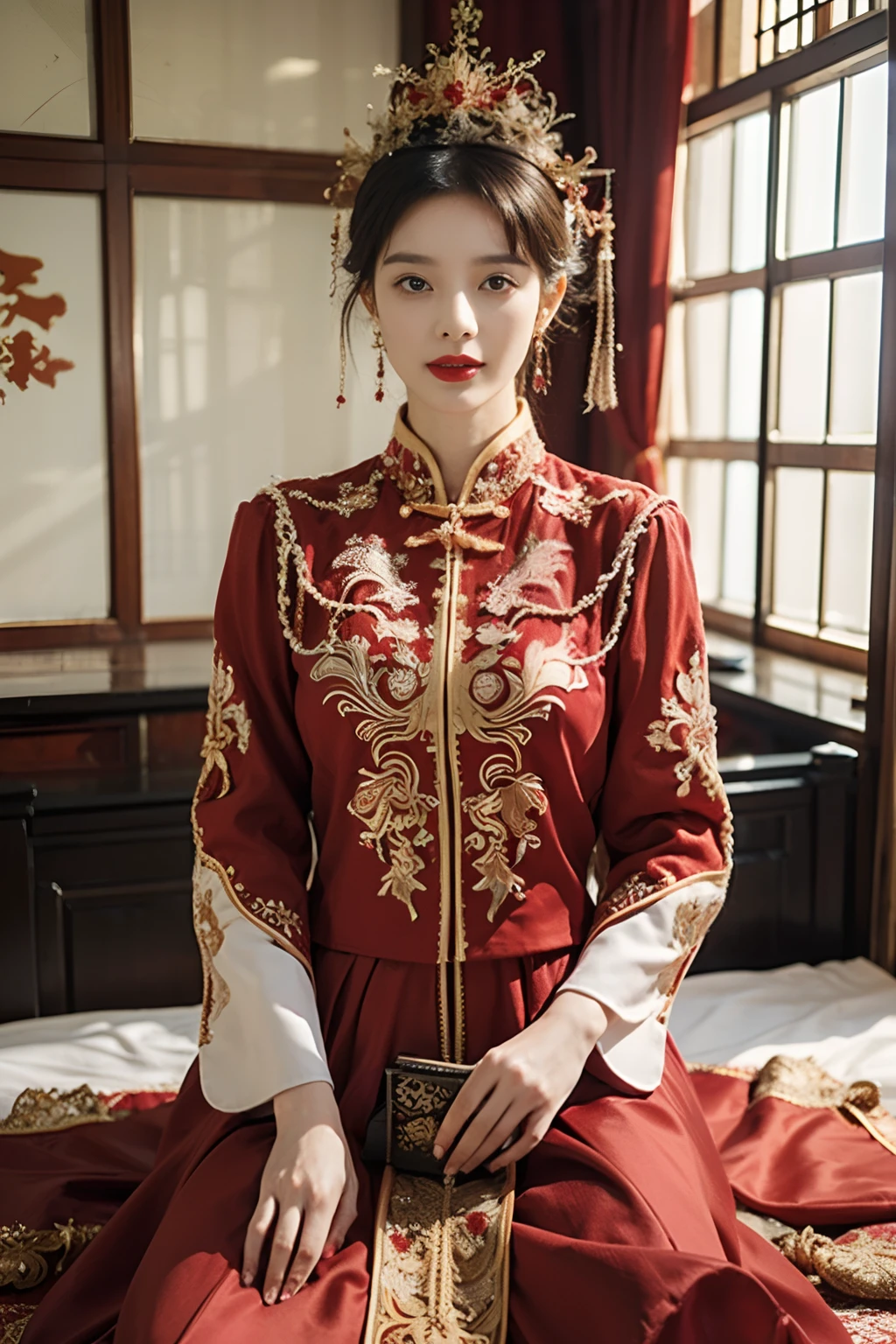 (ultra realistic 8k CG:1.2),perfect artwork,delicate pattern,intricate detail, (unparalleled masterpiece,best quality:1.2),(extremely intricate:1.2),a woman in a red and gold dress, Phoenix crown,hair stick,(sitting on red bed),Cosmetic,blush,shy,black_hair, looking down, Cosmetic,(forehead dot),(2 red candles), chinese_clothes, curtains, earrings, hair_ornament, hanfu, indoors, jewelry, red nails, long_sleeves, red dress, red lips, tassel, (Red quilt),(red palace:1.2),(ancient Chinese architecture),(red:1.8),night