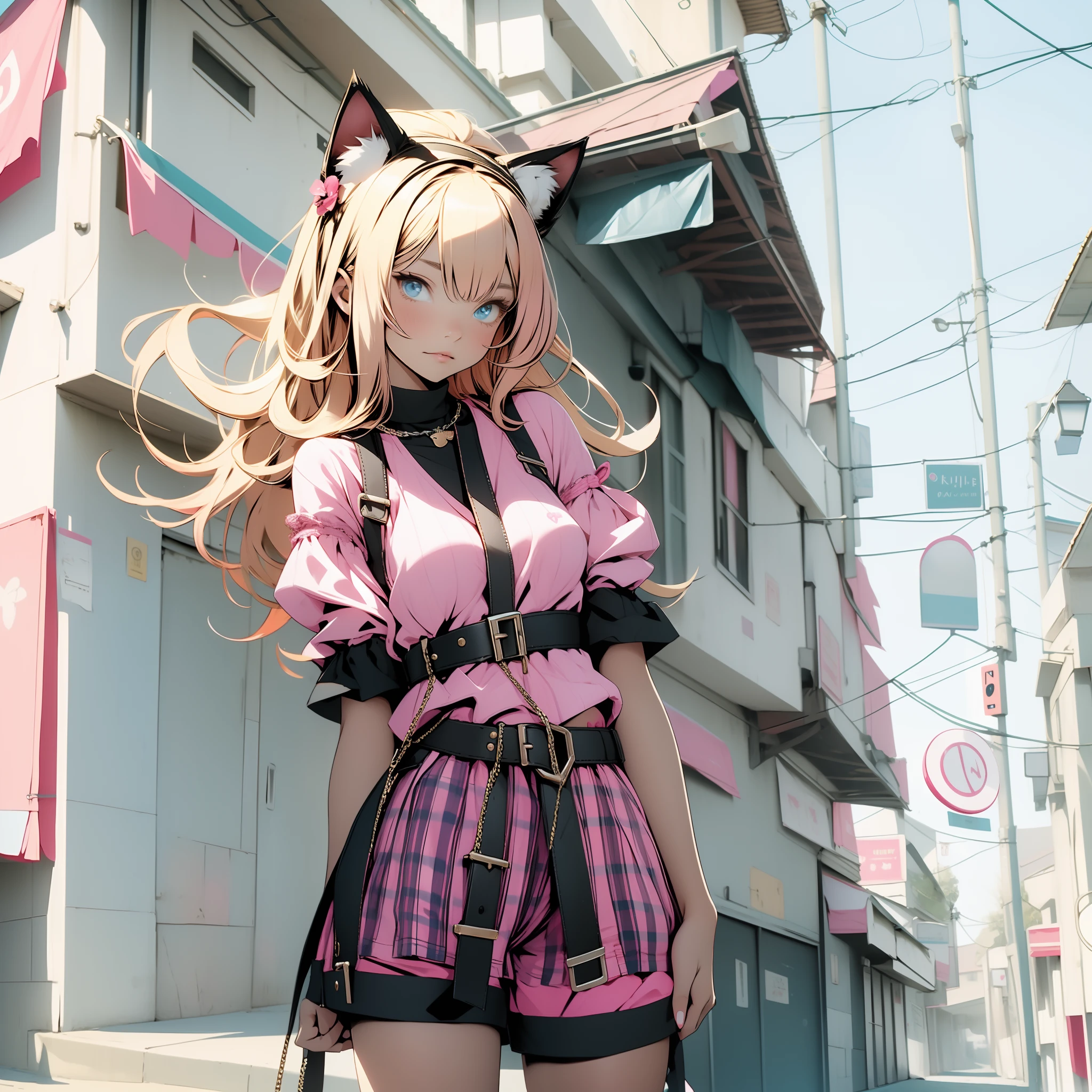 blond woman in a pink top and plaid shorts with a chain around her waist, beautiful young catgirl, pink body harness, attractive cat girl, 18 years old, katelynn mini cute style, very sexy outfit, very beautiful cute catgirl, 1 6 years old, outfit photo, girl with cat ears, taken in 2 0 2 0, catgirl