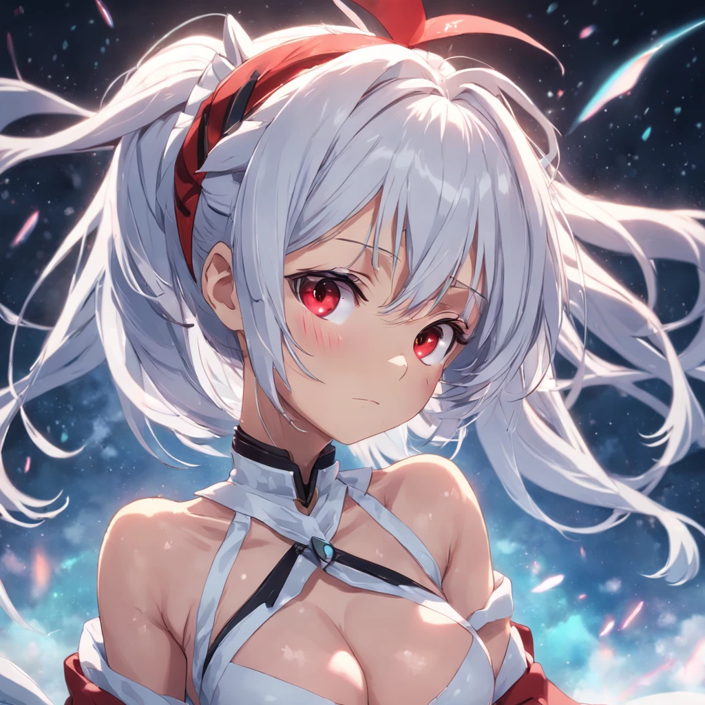 White hair, Earphone, red hairband, Gradient eyes, anime big breast, god light, angle of view, hyper HD, Super detail, High details, High quality,nakeness