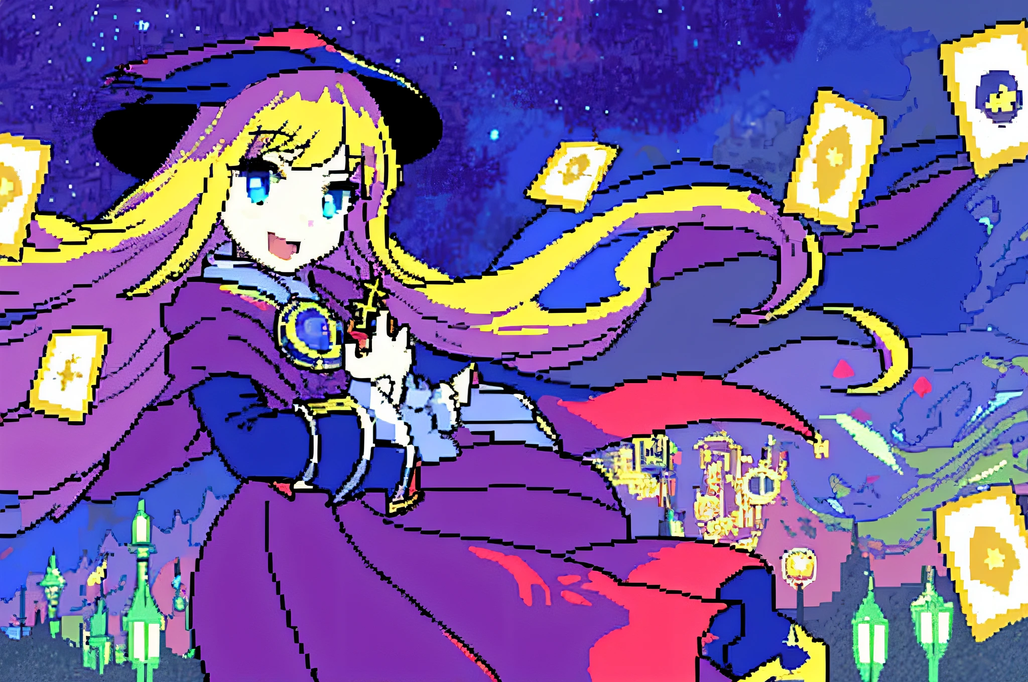 ((Masterpiece:1.2, Best quality)), 1girll, Solo, (Witch hat), Blonde hair, Long hair, dress, aurora, Night, Star (sky), mitts, sky, White dress, Night sky, Open mouth, Starry sky, Blue eyes, ribbon, Very long hair, Red dress, Smile, Hair ribbon, Cape, Blue hair, (Bird), magic, casting spell, Dark clouds, Night, (Impressionism:1.4), (tarot:1.3), Alphonse Mucha,