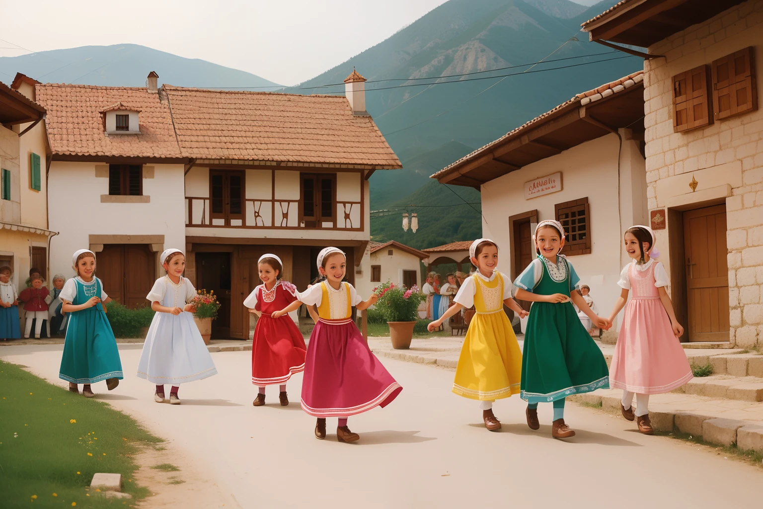 Year: 2005
Country: Kosovo
Description: In a quaint village near Pristina, a group of tens from upper-middle-class families participate in a charming traditional dance, dressed in pastel-hued folk costumes. The village square is adorned with colorful banners and vintage decorations.