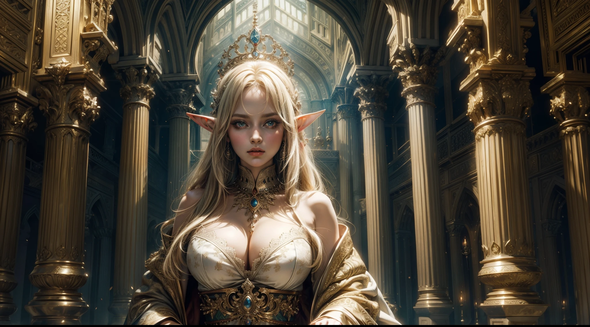 the elf,Large breasts,magia,robe,Complex patterns,ornate decoration,The background is the palace,Mid-range portrait,sceptre