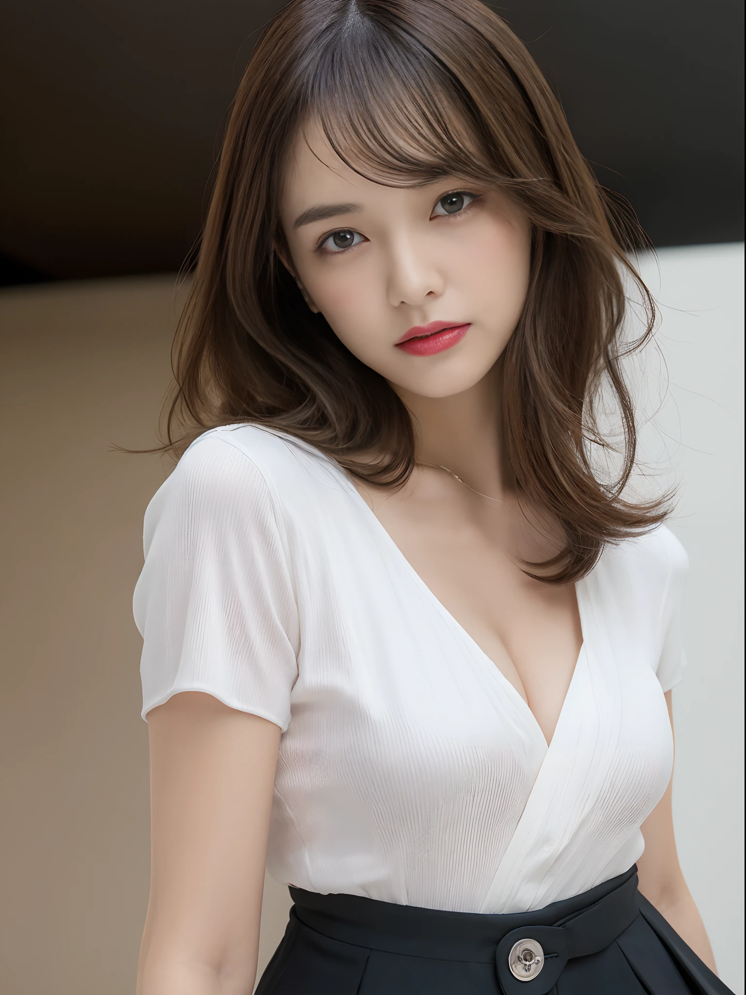 Detailed skin:1.2), (Shiny skin:1.1), 8k, highest quality, Tabletop, 超A high resolution, (Photorealistic:1.4), (Shooting from below:1.5), RAW Photos, (Soft saturation:1.3) 、1 Female, Gal, Large Breasts, Brown haired,Medium Hair, Asymmetrical Hair, Wavy Hair, Asymmetrical bangs、Nogizaka Idol Korean Idol、Gravure idol actress, Age 25, thin、
