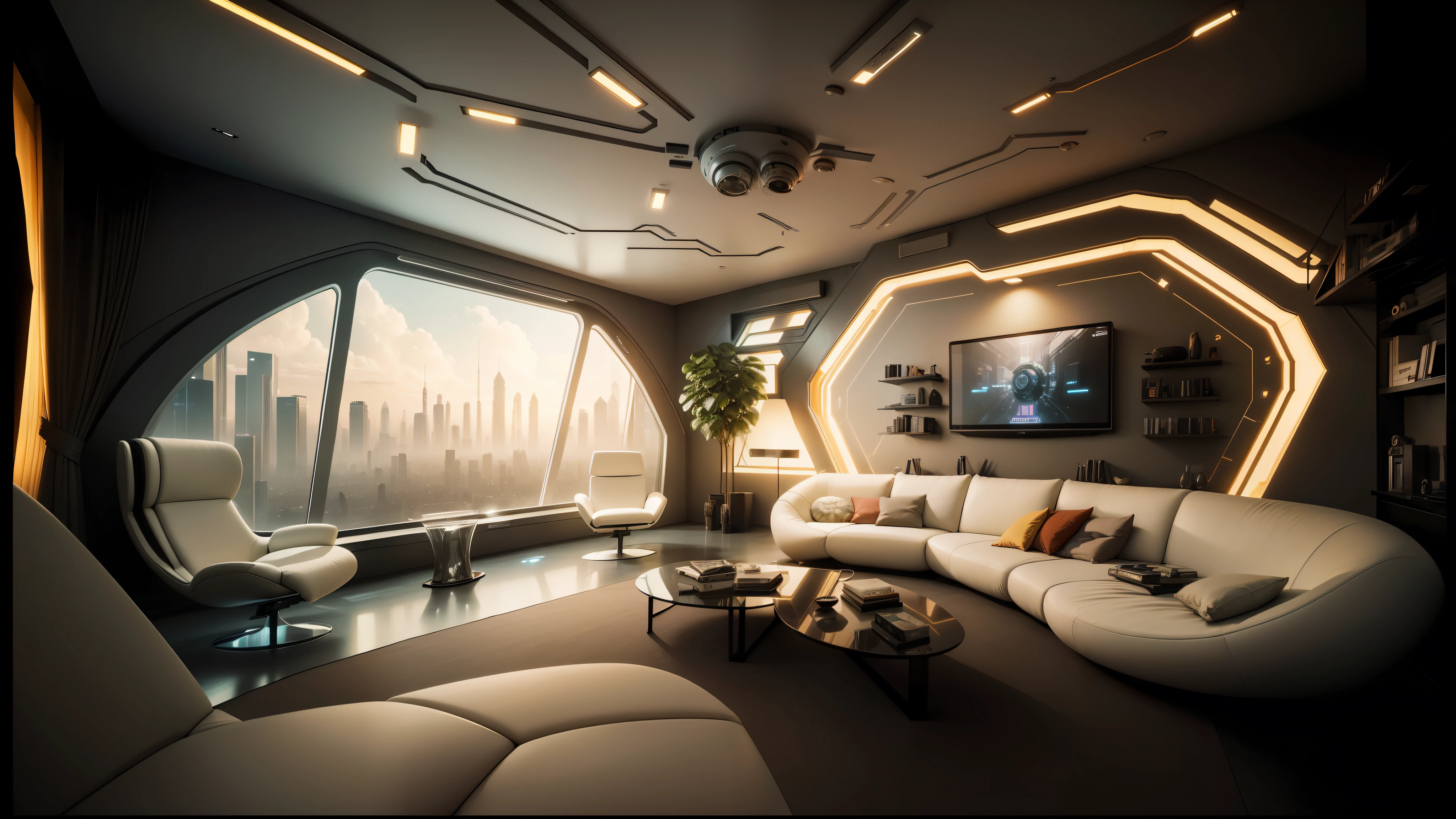 arafed living room with a large couch and a large window, futuristic looking living room, retro futuristic apartment, futuristic room, futuristic interior, futuristic room background, futuristic decor, bladerunner apartment, spaceship interior, sci - fi interior, cyberpunk apartment, sci fi engine room living room, gaming room in 2 0 4 0, scifi room, the cyberpunk apartment --auto --s2
