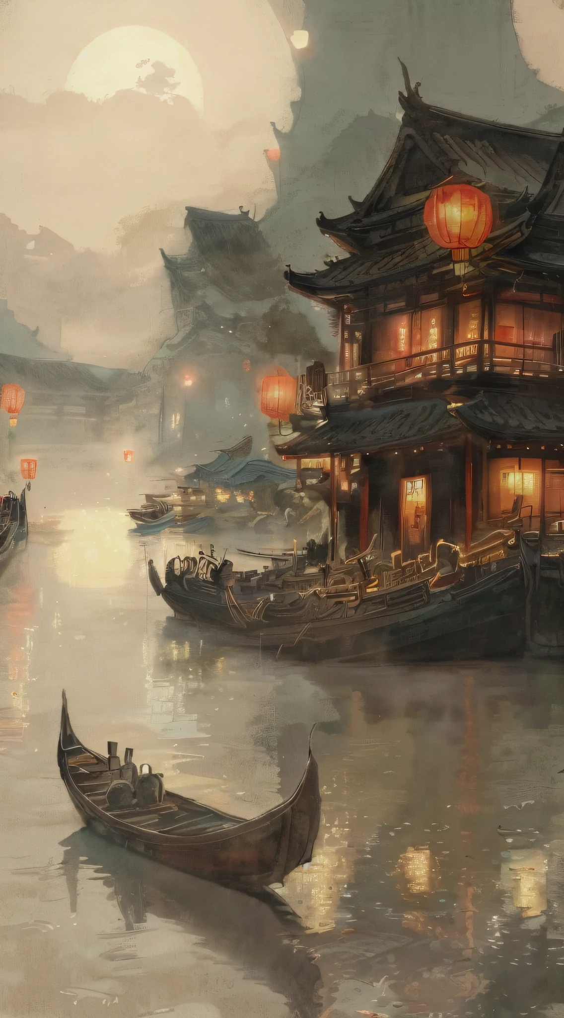 There was a boat floating in the water，The background is the full moon。, dreamy Chinese towns, andreas rocha style, the style of andreas rocha, inspired by Andreas Rocha, background artwork, cyberpunk chinese ancient castle, Beautiful rendering of the Tang Dynasty, floating chinese lampoons, Beautiful digital artwork, author：Andreas Rocha, painted by andreas rocha