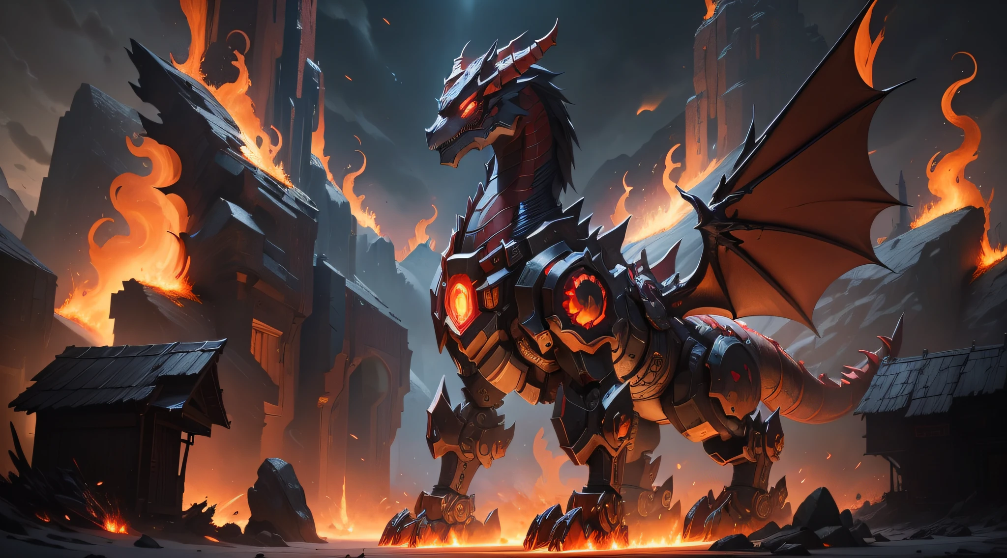 there is a red and black dragon with flames coming out of it, cyborg dragon portrait, colossal dragon as background, sleek mecha female dragon head, official splash art, colossal dragon in background, hearthstone art, hearthstone card game artwork. ”, robot mecha female dragon head, hearthstone official splash art, well armored mech dragon, hearthstone card art, by Lisa Nankivil