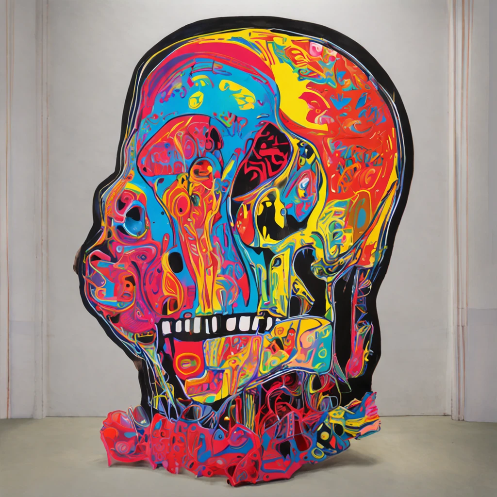 Una figura mitad humano, mitad esqueleto, con colores alucinantes que parecen danzar sobre su forma, detalles exquisitos al estilo de Warhol resaltando las transiciones entre la carne y los huesos, A vibrant aura of energy in its surroundings, generando curiosidad y asombro, 插圖, Mixed media of acrylic and colored pencils, --ar 16:9 --v 5