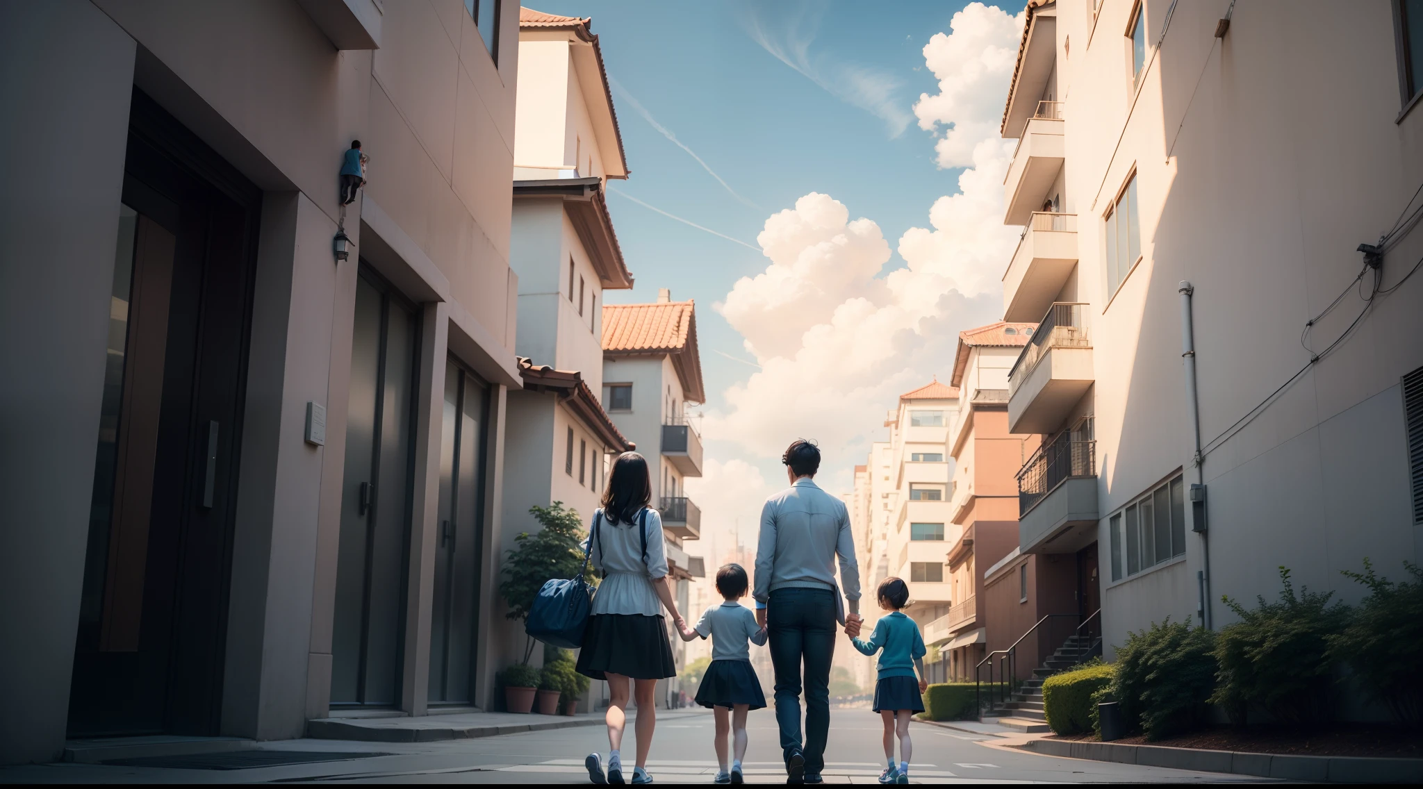 A family of three happily strolling through the clear modern city streets,Their backs are lively and cute in the overlook view。with blue sky and white clouds